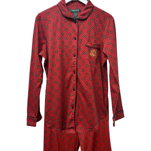 LAUREN Ralph Lauren Pajamas Large Red Foulard Cotton Knit Top and Bottom - Picture 1 of 14
